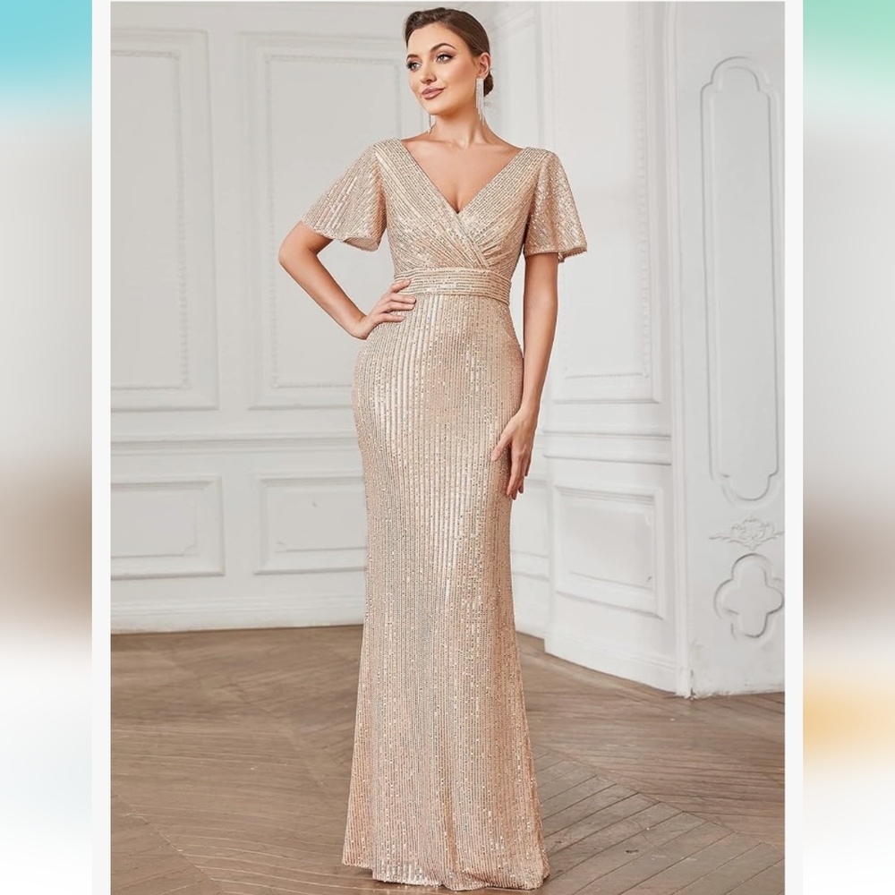 Rose Gold V-Neck Floor Length Evening Dress | XXL